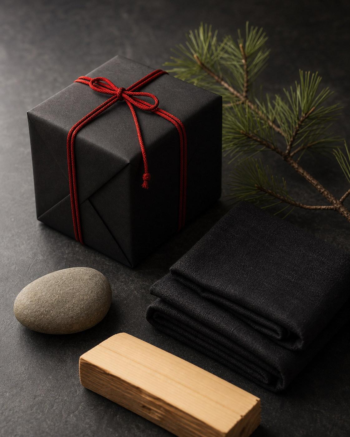 Japanese gift idea for men: gift box wrapped in black and red on slate