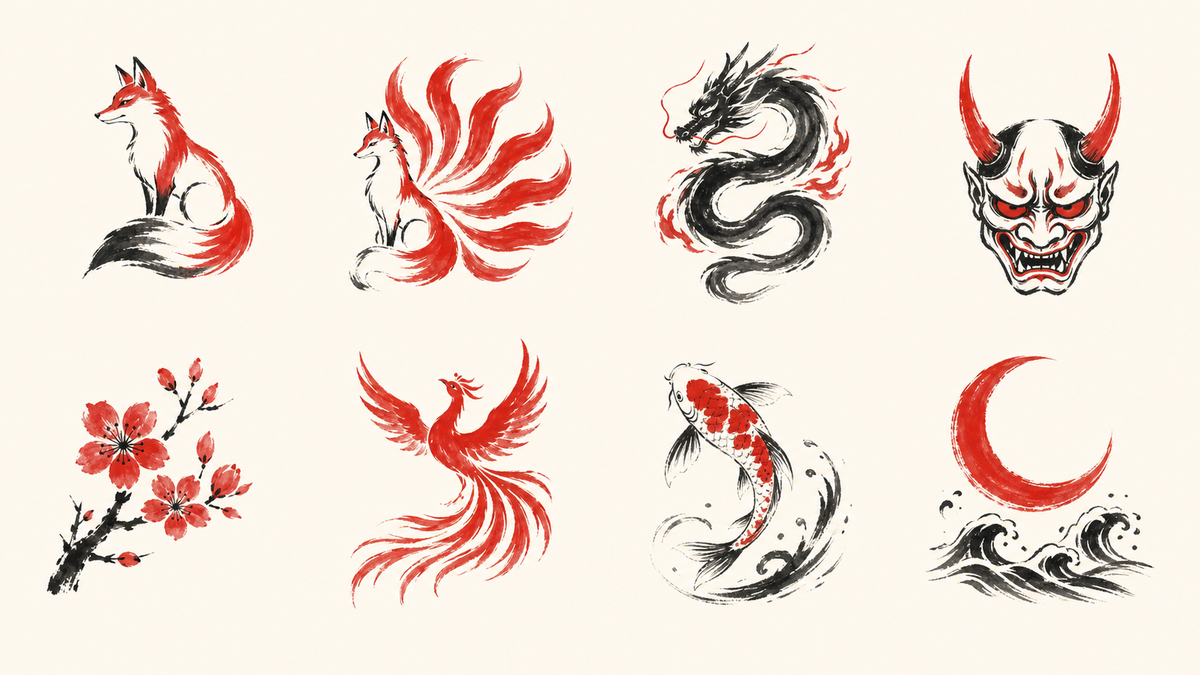 Infographic: the meaning of Japanese motifs kitsune, dragon, oni, sakura and koi